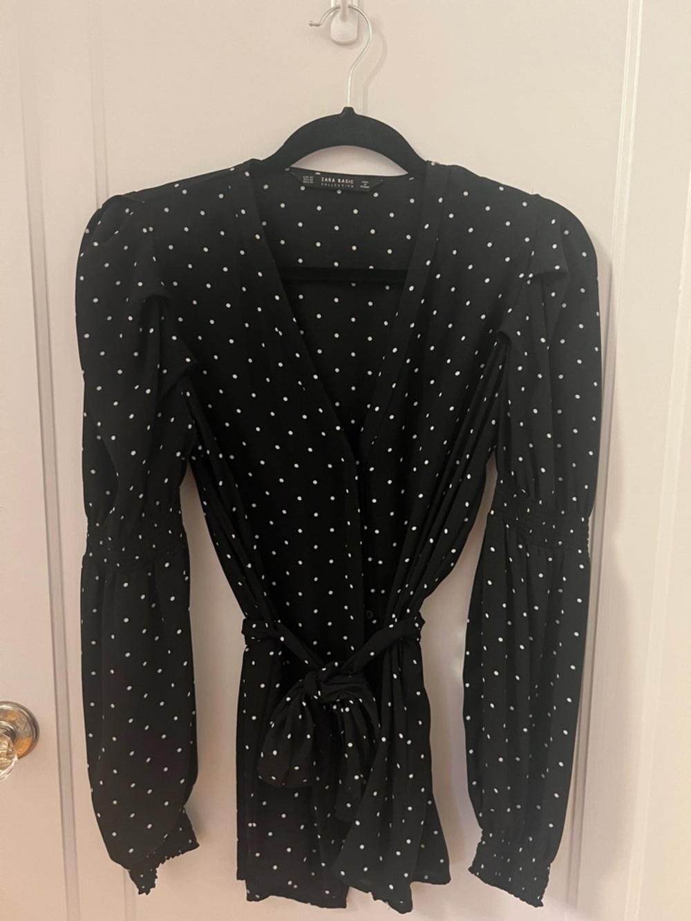 Zara Black Wrap Blouse with White Polka Dots